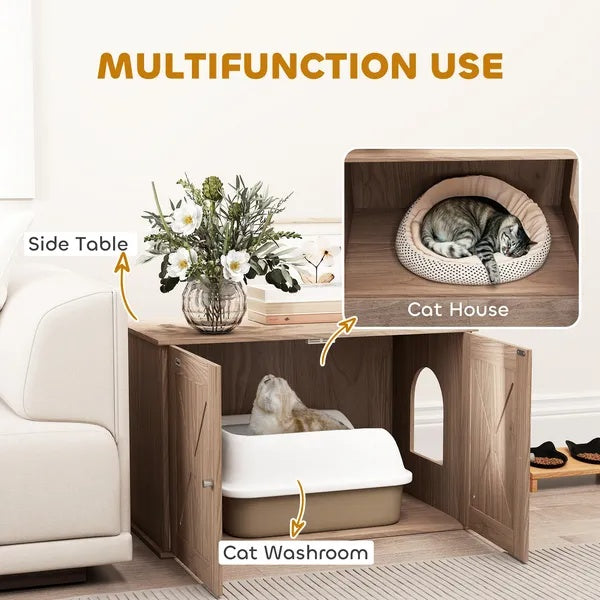 Hidden Cat Litter Box Enclosure With Ventilated Door, Cat Hole, Cat Washroom, Indoor Cat House, Walnut