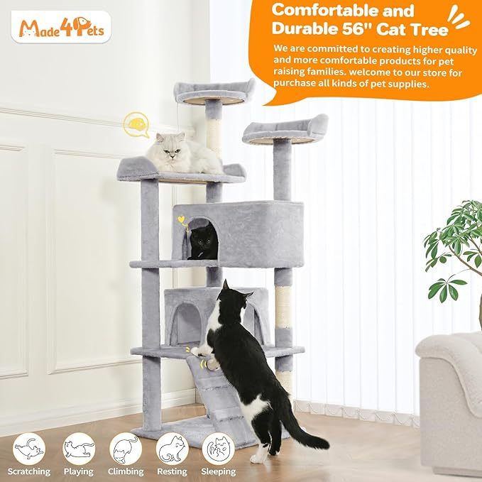 56-inch Pet Cat Tree For Indoor Cats Multi-Level Cat Tree With 2 Apartments Cat Activity Center With Scratching Posts And Toys Light Gray