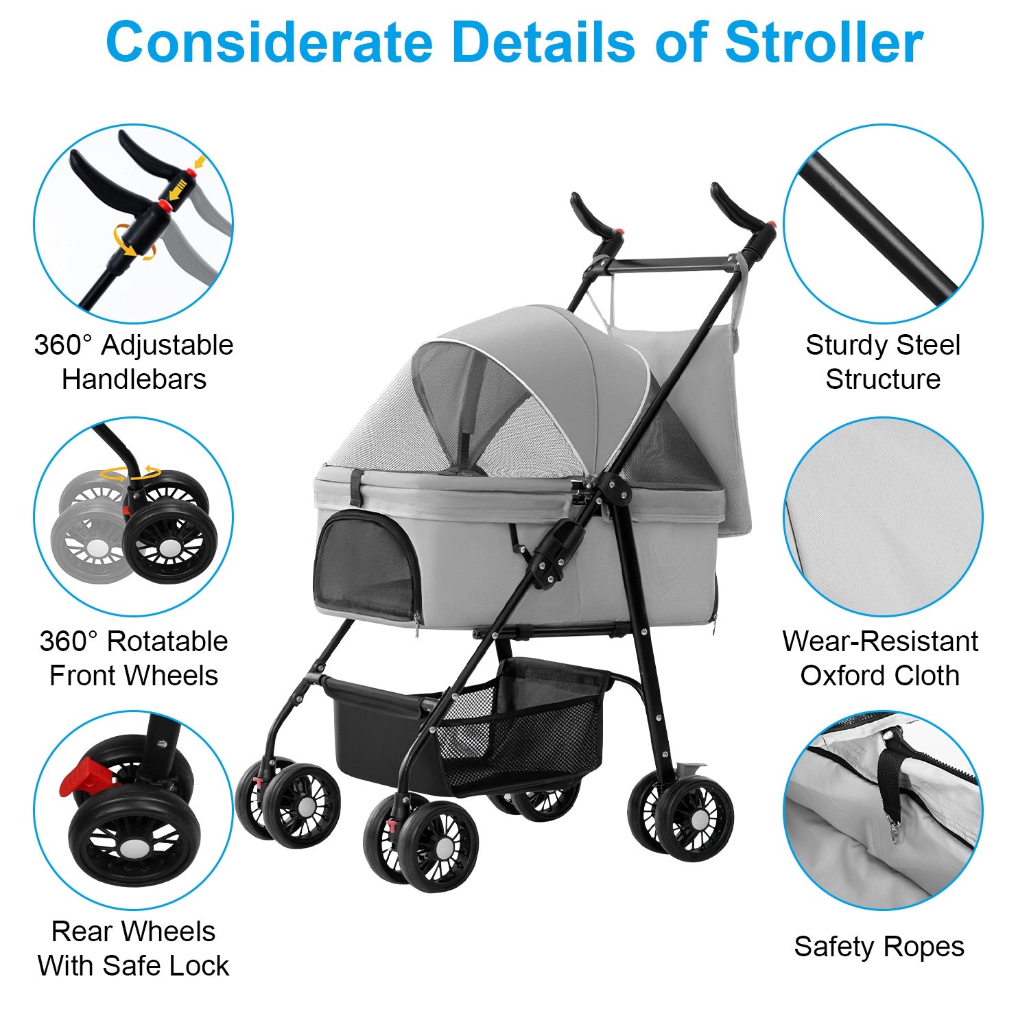 4-Wheels Pet Stroller Foldable Carrier Strolling Cart Travel Jogger Pet Stroller With Removable Liner Storage Basket For Dog Cat