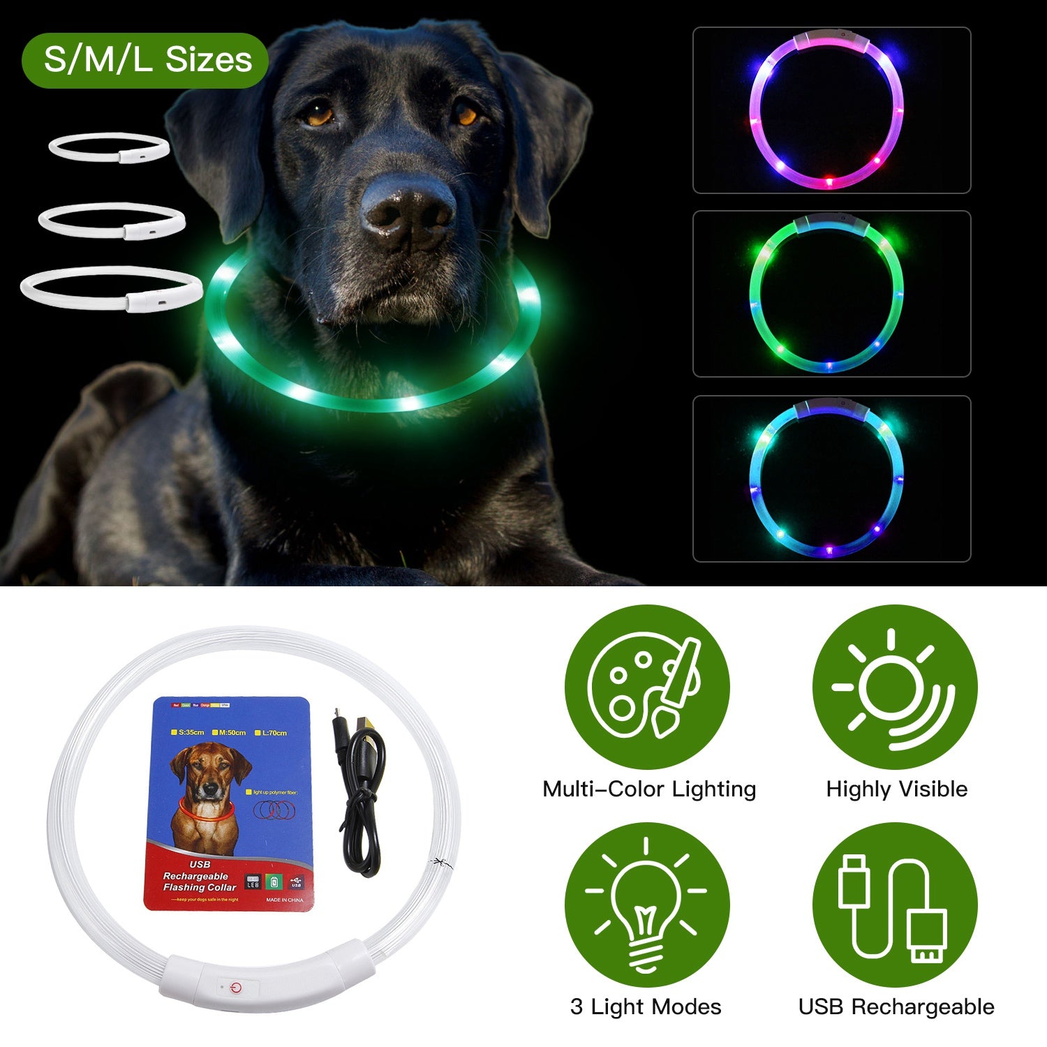 USB Rechargeable LED Dog Collar Multi Color Lighting Dog Safety Collar Cuttable Length Glow Dog Collar For Small Medium Large Dog Night Walking
