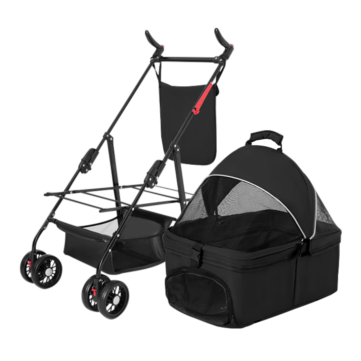 4-Wheels Pet Stroller Foldable Carrier Strolling Cart Travel Jogger Pet Stroller With Removable Liner Storage Basket For Dog Cat