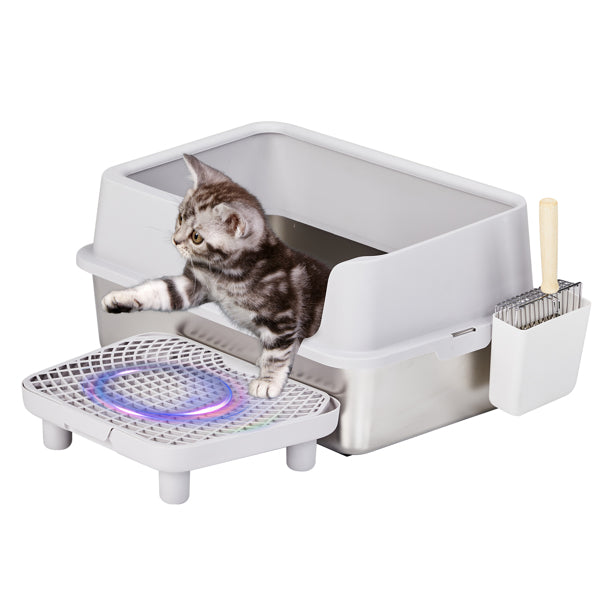 Litter Box, Stainless Steel And Plastic, Upper And Lower Snap Type, With Litter Spatula, Foot Pad - Grey