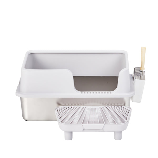 Litter Box, Stainless Steel And Plastic, Upper And Lower Snap Type, With Litter Spatula, Foot Pad - Grey