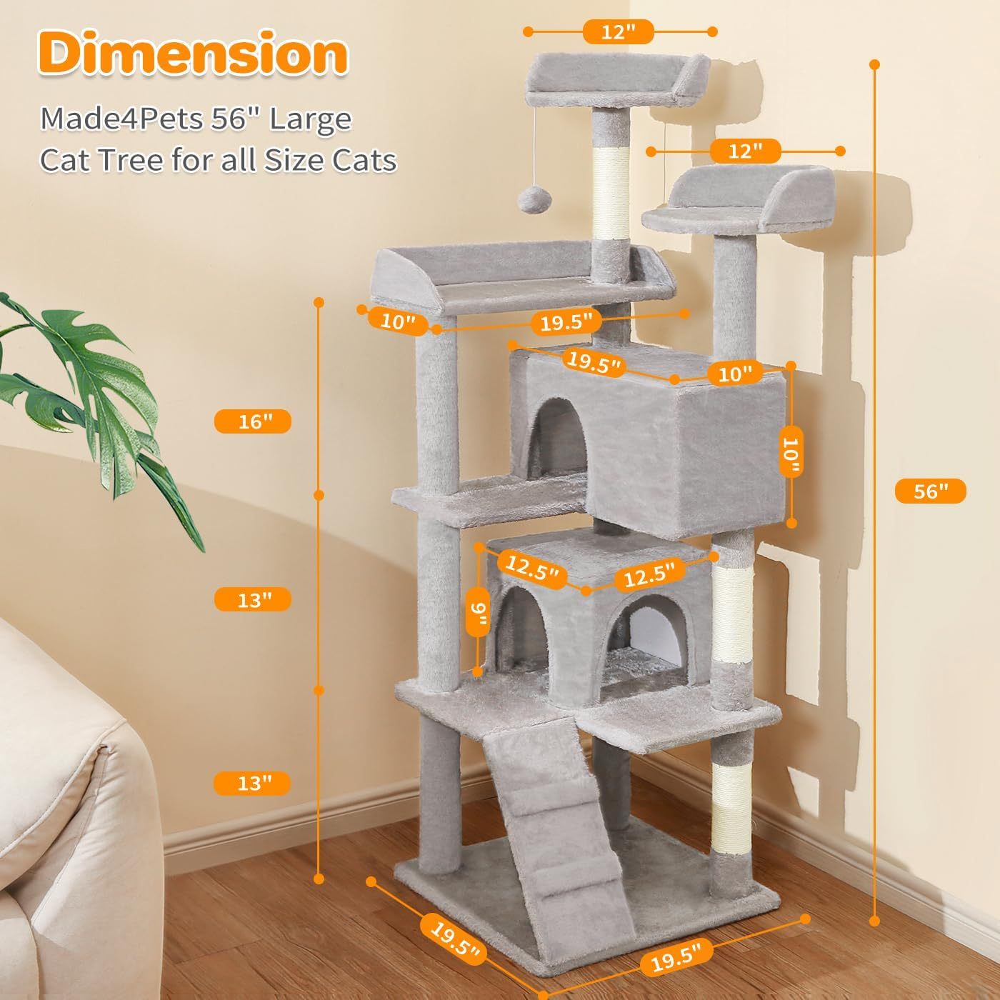 56-inch Pet Cat Tree For Indoor Cats Multi-Level Cat Tree With 2 Apartments Cat Activity Center With Scratching Posts And Toys Light Gray