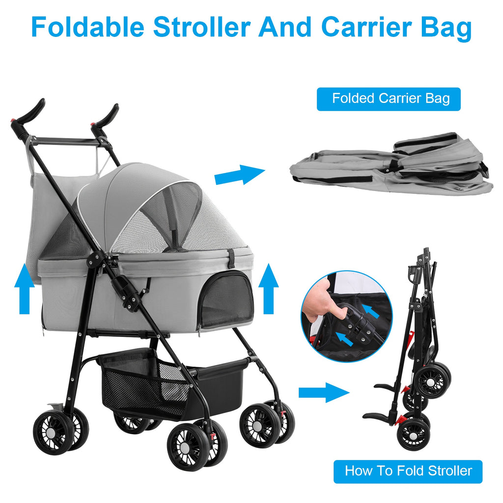 4-Wheels Pet Stroller Foldable Carrier Strolling Cart Travel Jogger Pet Stroller With Removable Liner Storage Basket For Dog Cat
