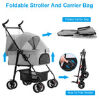 4-Wheels Pet Stroller Foldable Carrier Strolling Cart Travel Jogger Pet Stroller With Removable Liner Storage Basket For Dog Cat