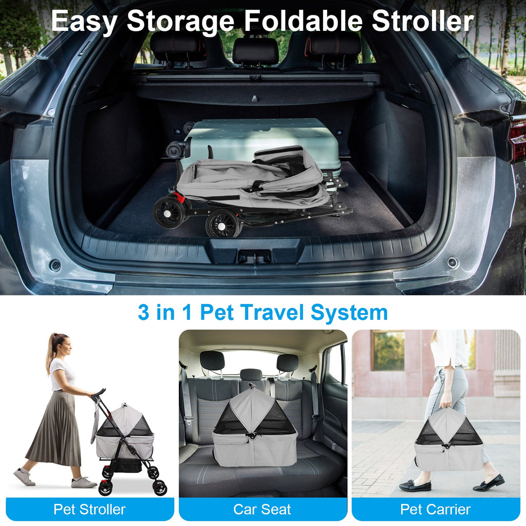 4-Wheels Pet Stroller Foldable Carrier Strolling Cart Travel Jogger Pet Stroller With Removable Liner Storage Basket For Dog Cat