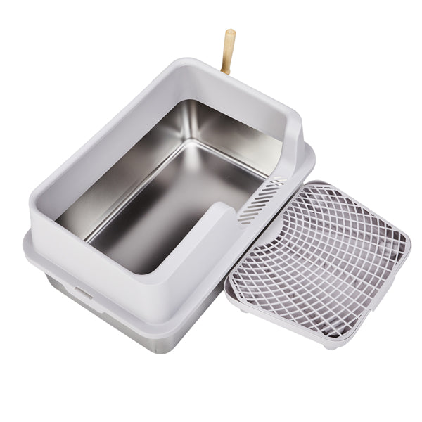 Litter Box, Stainless Steel And Plastic, Upper And Lower Snap Type, With Litter Spatula, Foot Pad - Grey