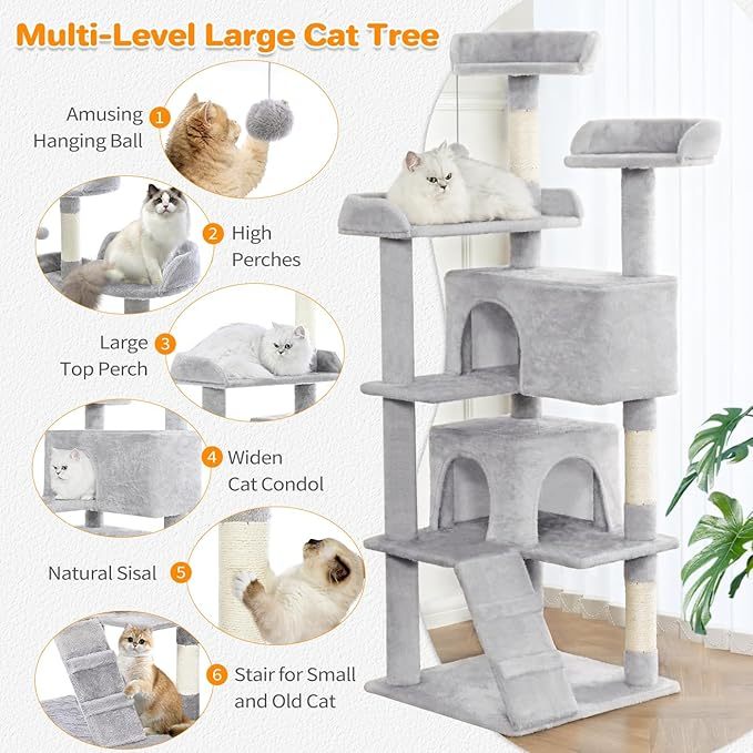 56-inch Pet Cat Tree For Indoor Cats Multi-Level Cat Tree With 2 Apartments Cat Activity Center With Scratching Posts And Toys Light Gray