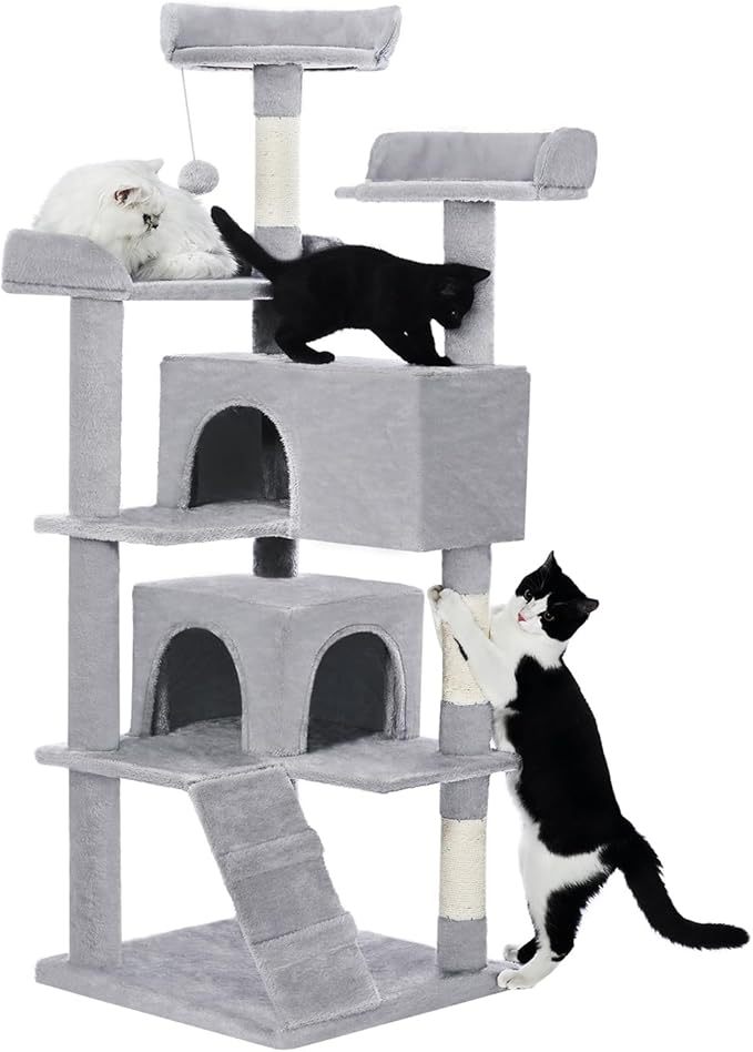 56-inch Pet Cat Tree For Indoor Cats Multi-Level Cat Tree With 2 Apartments Cat Activity Center With Scratching Posts And Toys Light Gray