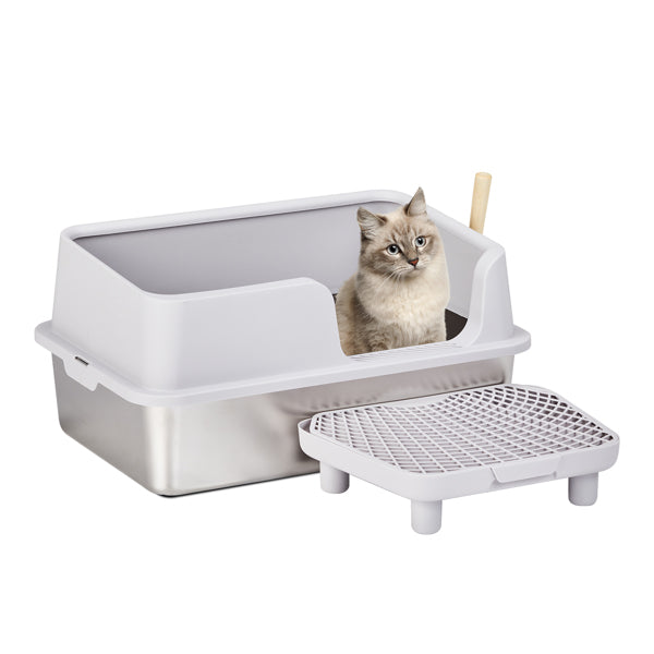 Litter Box, Stainless Steel And Plastic, Upper And Lower Snap Type, With Litter Spatula, Foot Pad - Grey