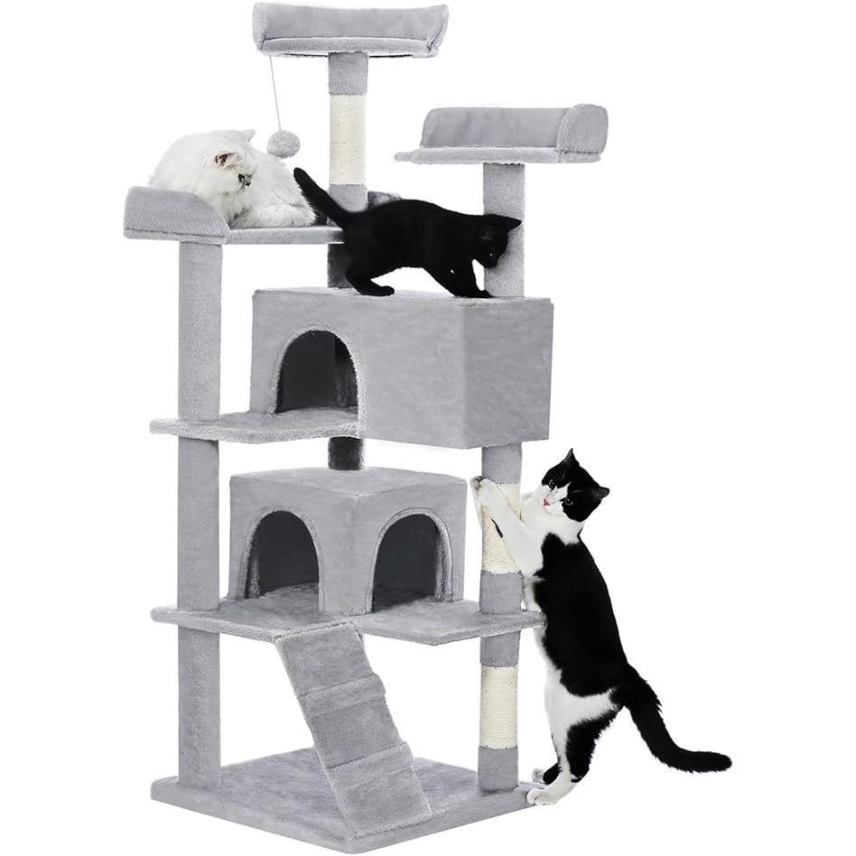 56-inch Pet Cat Tree For Indoor Cats Multi-Level Cat Tree With 2 Apartments Cat Activity Center With Scratching Posts And Toys Light Gray