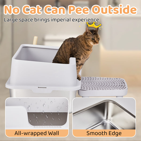 Litter Box, Stainless Steel And Plastic, Upper And Lower Snap Type, With Litter Spatula, Foot Pad - Grey